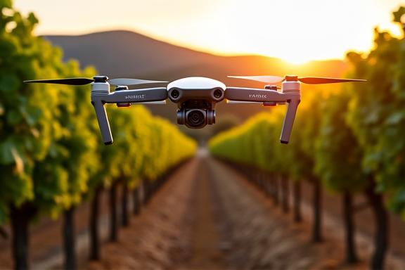 Un dron sobrevolando un viñedo en Cataluña con sensores visibles en el suelo.